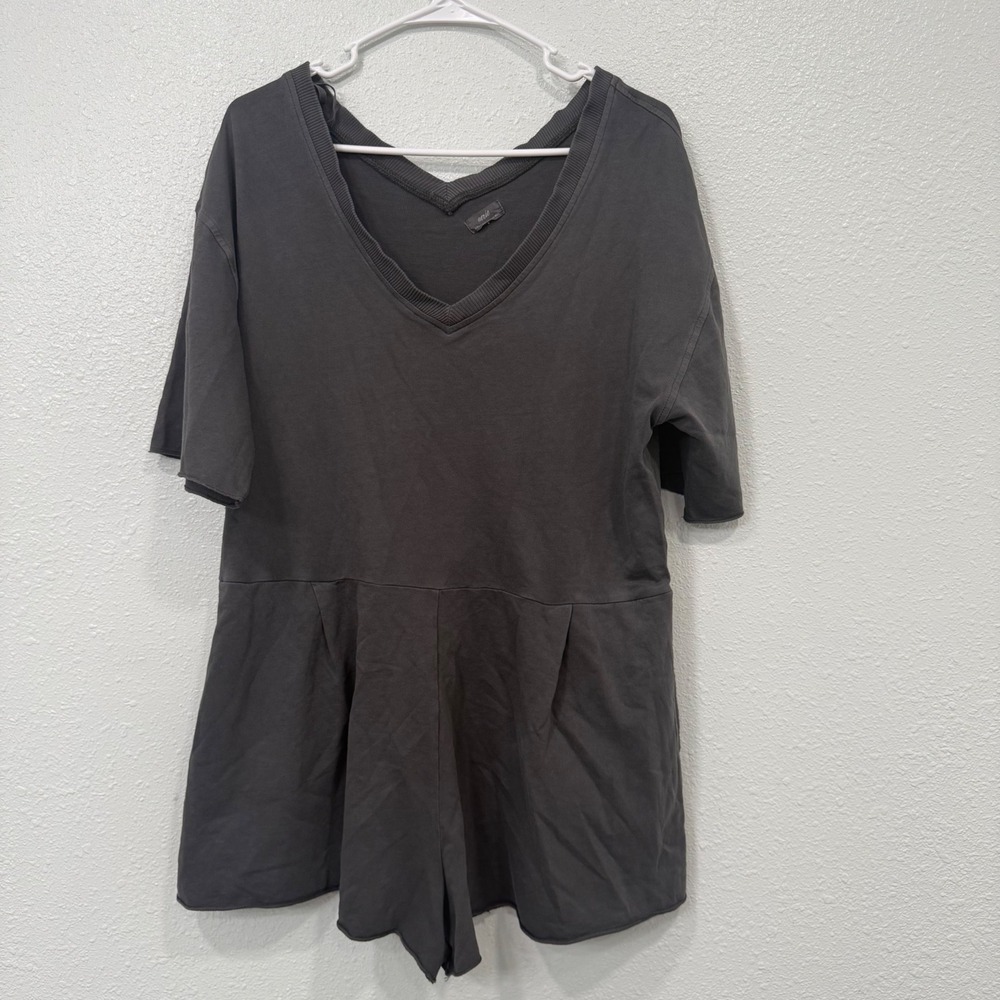 Aerie Womens V-Neck Short Sleeve Romper Charcoal Gray Pleated Pockets Loungewear